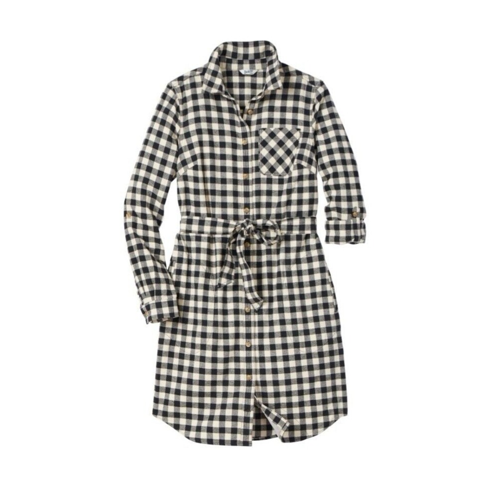 Buffalo Check Belted Twill Shirtdress Black White Womens Med Duluth Full Button